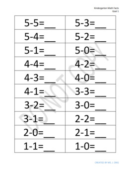 Kindergarten Addition and Subtraction Math Facts (Within 5 Equations)