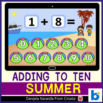 Preview of Kindergarten Addition up to 10 Summer End Of Year MATH Boom™ Cards