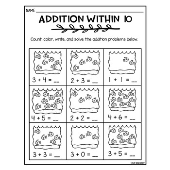 Kindergarten Addition within 10 | Math - No Prep Printable by TeachinTiff