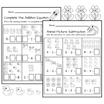 Kindergarten Animals Addition and Subtraction Worksheets (up to 10)