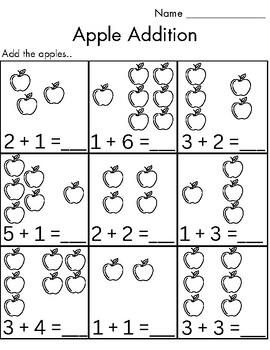 Preview of Kindergarten Apple Addition Illustration Counting Images Mathematics worksheets
