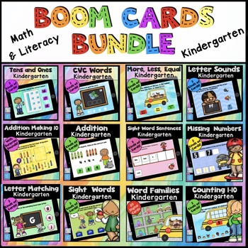 Preview of Kindergarten Boom Cards BUNDLE Literacy Math Centers Digital Self-Grading