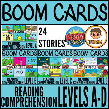 Preview of Kindergarten Boom Cards Levels A-D Reading Comprehension Bundle 24 Stories