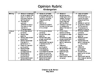 Preview of Kindergarten CCSS Opinion Writing Rubric