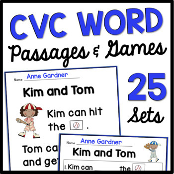 Preview of Kindergarten Review Summer Packet CVC Word Game & Reading Comprehension Passages