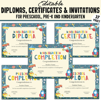 Preview of Kindergarten Certificates End of the Year, Preschool PreK, Diplomas, Invitations