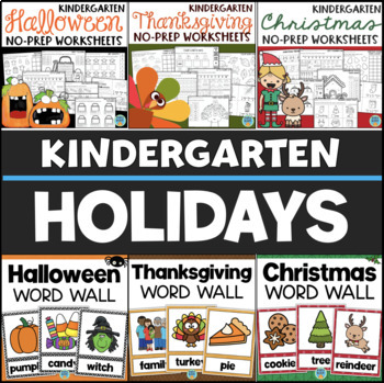 Preview of Kindergarten Christmas Thanksgiving Halloween Math Reading Worksheets Word Wall