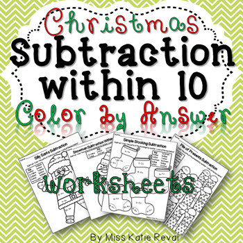 Preview of Kindergarten Christmas/Winter Subtraction Within 10 Color by Number Worksheets