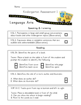 Kindergarten Common Core Assessment Pack by Mrs. Ricca's 