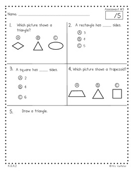 Kindergarten Common Core Math Assessments- Geometry K.G.1, K.G.2, K.G.3