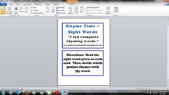 Preview of Kindergarten - Common Core - RF.K.3 - Rhyme Time Sight Words Task Cards