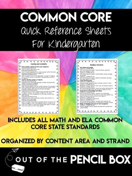 Preview of Kindergarten Common Core Standards Cheat Sheets for Quick Reference