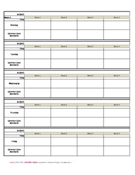 Preview of Kindergarten Common Core Weekly Planner