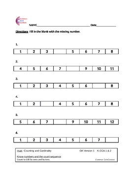 Preview of Kindergarten Common Core Math Worksheets Counting K.CC.A.1, K.CC.A.2