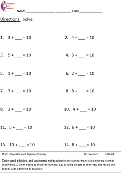 Kindergarten Common Core Math Worksheets K.OA.A4, K.OA.A5 ...