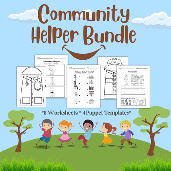 Preview of Kindergarten Community Helper Bundle Pack, 8 Worksheets and Puppet Project