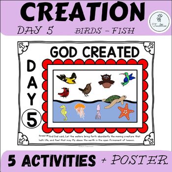Preview of Kindergarten Creation Story Activities | Day 5 Bible Verse Tracing and Coloring