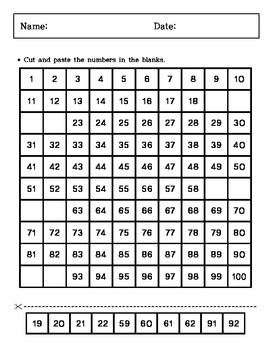 Kindergarten - Cutting and Paste - 100 chart by Connor Jeon | TpT