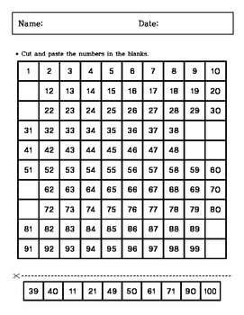 Kindergarten - Cutting and Paste - 100 chart by Connor Jeon | TpT