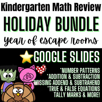 Preview of Kindergarten Digital Holiday Math Review Escape Room Bundle in Google Slides