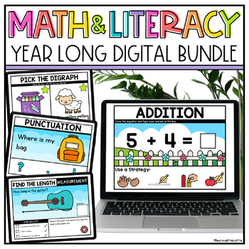 Preview of Kindergarten Digital Math & Literacy Bundle Google Slides - Year Long ELA & Math