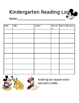 Preview of Kindergarten Disney Format Reading Log