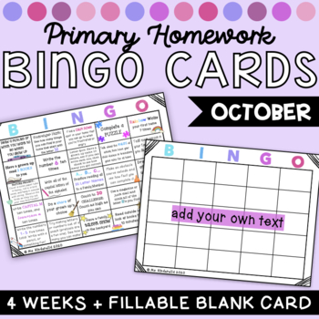 Kindergarten Distance Learning or Homework Bingo Choice Boards October