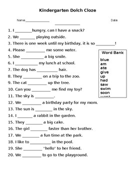 Kindergarten Dolch Words: Fill in the Blank (cloze) by Sean C | TPT