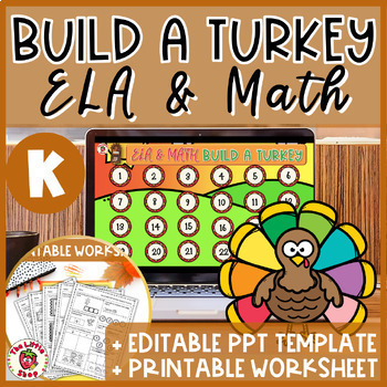 Preview of Kindergarten ELA & Math Build-A-Turkey Game - PPT Game + Printable Worksheet