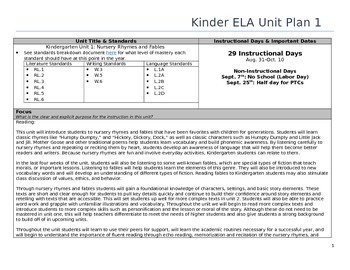Preview of Common Core Kindergarten ELA Unit Plan -Nursery Rhymes and Fables (Unit 1)