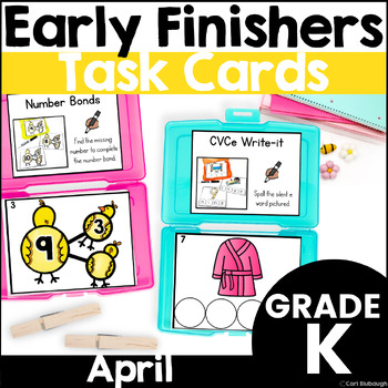 Preview of April Early Finishers Phonics & Math Activity Task Card Boxes for Kindergarten