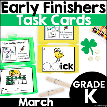Preview of March Early Finisher Phonics and Math Activity Task Card Boxes for Kindergarten