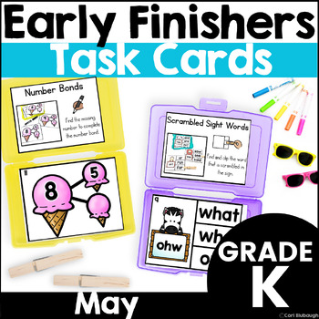 Preview of May Early Finisher Phonics and Math Activity Task Card Boxes for Kindergarten