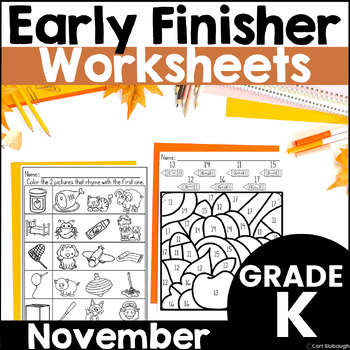 Preview of November Early Finisher Fall Phonics and Math Activities Packet for Kindergarten