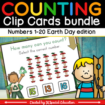 Preview of Kindergarten Earth Day activities bundle | Counting 1-20 math Clip Cards