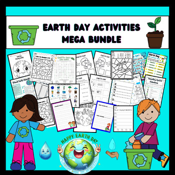 Preview of Kindergarten Earth day Worksheets BUNDLE: Coloring, Writing, Games, and more