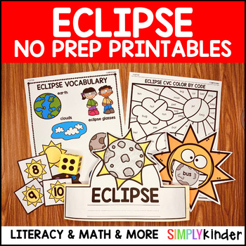 Preview of Kindergarten Eclipse 2024 No Prep Activities, literacy, math, centers, & more