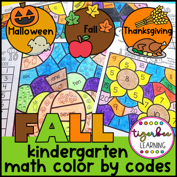 Preview of Fall Math Color by Codes: Kindergarten- Thanksgiving and Halloween