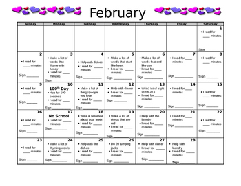 february homework calendar kindergarten