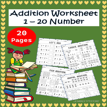 Preview of Kindergarten, First Grade Addition Worksheets (up to 20).