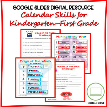 Preview of Kindergarten & First Grade Calendar Skills GOOGLE SLIDES