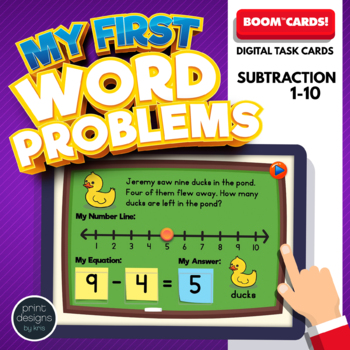 Preview of Kindergarten First Grade Word Problems Subtraction • Easel & Boom Task Cards