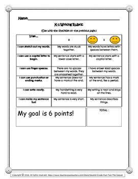 Kindergarten/First Grade Writing Rubrics, Checklists, Self Assessment