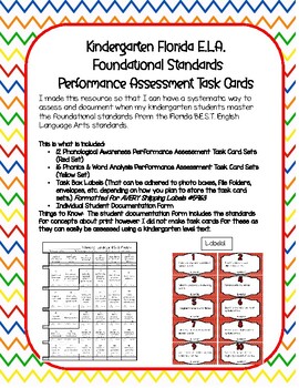 Kindergarten Florida ELA Foundational Standards Performance Assessment Tasks Ca