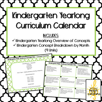 Preview of Kindergarten General Music Curriculum Calendar and Concept Overview