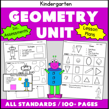 Preview of Kindergarten Geometry Common Core UNIT! All Standards 100+ pgs
