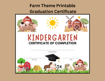 Preview of Kindergarten Graduation Certificate of Completion Printable Diploma Farm Theme