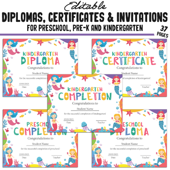 Preview of Kindergarten Graduation Invitations, Pre-K, Preschool Completion Certificates
