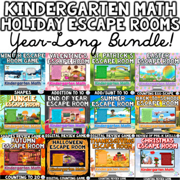 Preview of Kindergarten HOLIDAY Math Digital Escape Room Games SEASONAL YEAR LONG BUNDLE