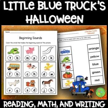 Preview of Little Blue Truck Halloween Book Companion - Phonics and Math Activities